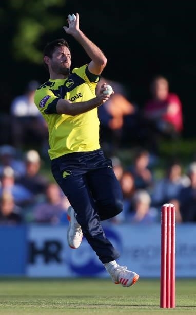 Ian Holland of Hampshire Hawks bowls during the Vitality T20 Blast match between Kent Spitfires and Hampshire Hawks at The Spitfire Ground on June...