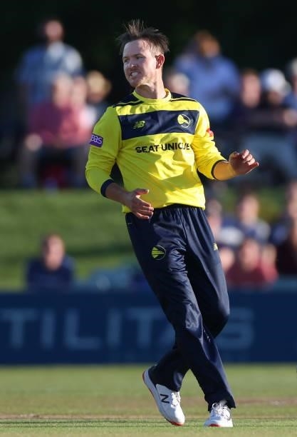 Arcy Short of Hampshire Hawks reacts during the Vitality T20 Blast match between Kent Spitfires and Hampshire Hawks at The Spitfire Ground on June...