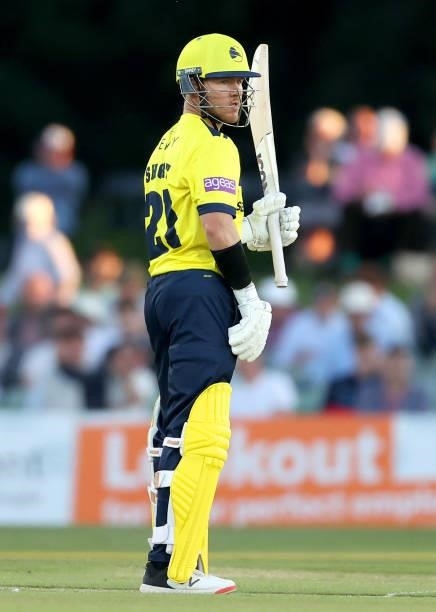 Arcy Short of Hampshire Hawks prepares to bat during the Vitality T20 Blast match between Kent Spitfires and Hampshire Hawks at The Spitfire Ground...