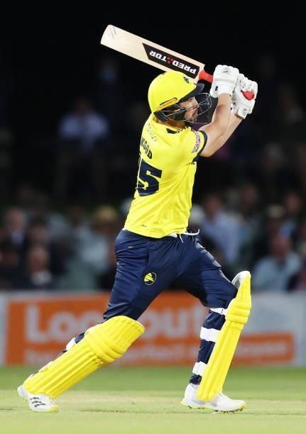 Chris Wood of Hampshire Hawks bats during the Vitality T20 Blast match between Kent Spitfires and Hampshire Hawks at The Spitfire Ground on June 09,...