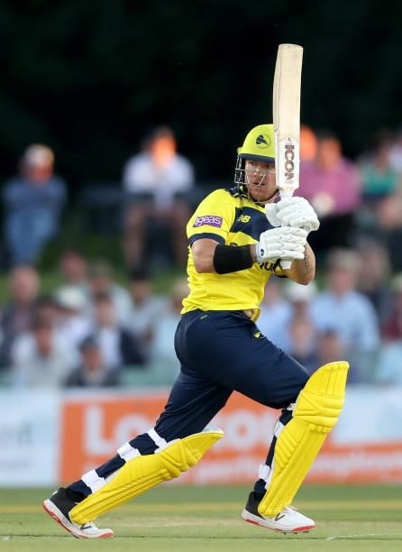 Arcy Short of Hampshire Hawks bats during the Vitality T20 Blast match between Kent Spitfires and Hampshire Hawks at The Spitfire Ground on June 09,...