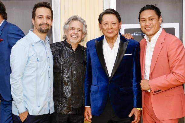 Lin-Manuel Miranda and his father, Luis A. Miranda, Jr., and director Jon M. Chu and his father, Lawrence Chu attend the "In The Heights