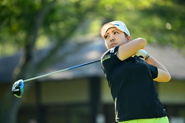 Mika MIyazato of Japan hits her tee shot on the 10th hole during the first round of the Ai Miyazato Suntory Ladies Open at Rokko Kokusai Golf Club on...