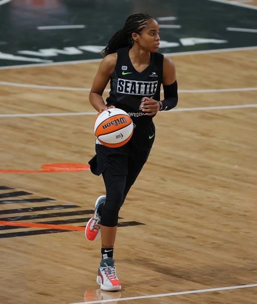 Jordin Canada of the Seattle Storm drives the ball downcourt against the Atlanta Dream in the first half at Gateway Center Arena on June 09, 2021 in...