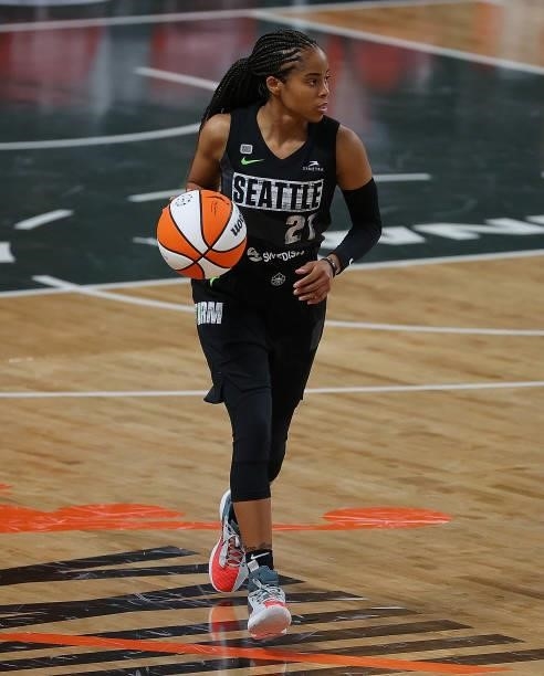 Jordin Canada of the Seattle Storm drives the ball downcourt against the Atlanta Dream in the first half at Gateway Center Arena on June 09, 2021 in...