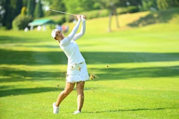 Ayaka Watanabe of Japan hits her second shot on the 10th hole during the first round of the Ai Miyazato Suntory Ladies Open at Rokko Kokusai Golf...