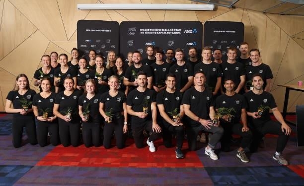 The New Zealand Women's and Men's Hockey squads for the Tokyo Olympics pose during the New Zealand Hockey team announcement at the National Hockey...