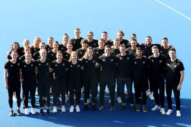 The New Zealand Women's and Men's Hockey squads for the Tokyo Olympics pose during the New Zealand Hockey team announcement at the National Hockey...