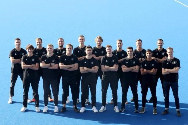 The New Zealand Men's Hockey squad for the Tokyo Olympics pose during the New Zealand Hockey team announcement at the National Hockey Centre on June...