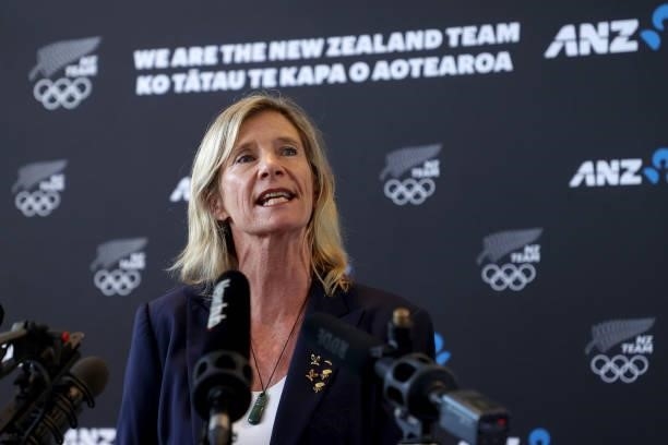 Barbara Kendall speaks during the New Zealand Hockey team announcement at the National Hockey Centre on June 10, 2021 in Auckland, New Zealand.