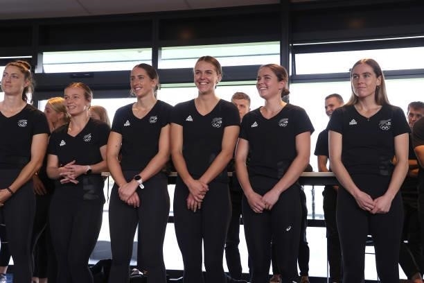 Players look on during the New Zealand Hockey team announcements for the Tokyo Olympics at the National Hockey Centre on June 10, 2021 in Auckland,...