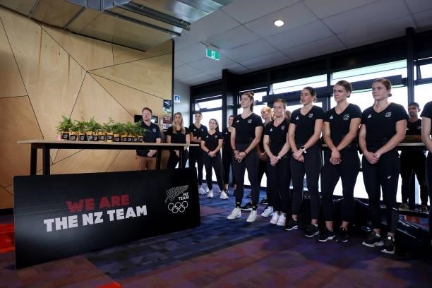 Players look on during the New Zealand Hockey team announcements for the Tokyo Olympics at the National Hockey Centre on June 10, 2021 in Auckland,...