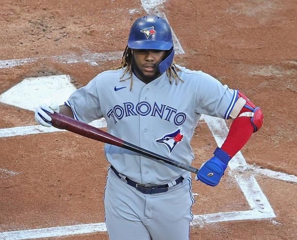 Vladimir Guerrero Jr. #27 of the Toronto Blue Jays reacts after striking out in the 1st inning against the Chicago White Sox at Guaranteed Rate Field...