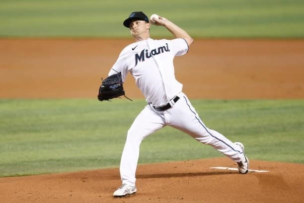 Braxton Garrett of the Miami Marlins delivers a pitch against the Colorado Rockies during the first inning at loanDepot park on June 09, 2021 in...
