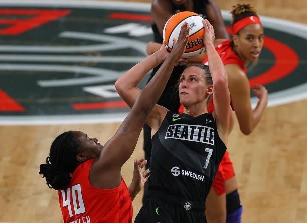 Stephanie Talbot of the Seattle Storm attempts a shot against Shekinna Stricklen of the Atlanta Dream in the second half at Gateway Center Arena on...