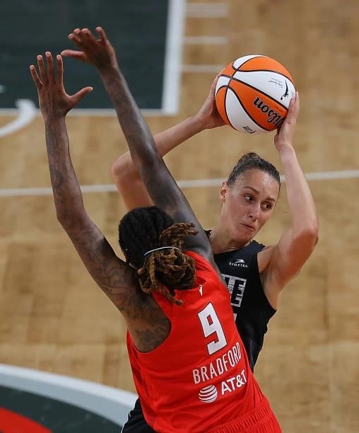 Stephanie Talbot of the Seattle Storm is defended by Crystal Bradford of the Atlanta Dream in the second half at Gateway Center Arena on June 09,...