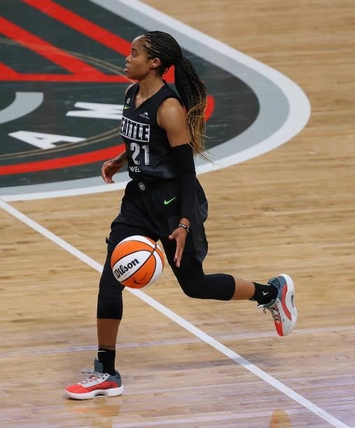 Jordin Canada of the Seattle Storm drives the ball downcourt against the Atlanta Dream in the second half at Gateway Center Arena on June 09, 2021 in...