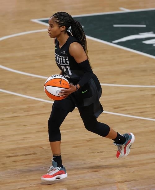 Jordin Canada of the Seattle Storm drives the ball downcourt against the Atlanta Dream in the second half at Gateway Center Arena on June 09, 2021 in...