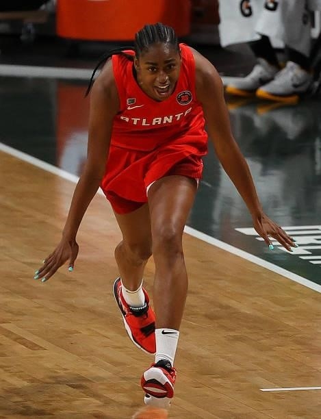 Tiffany Hayes of the Atlanta Dream reacts after a three-point basket against the Seattle Storm in the first half at Gateway Center Arena on June 09,...