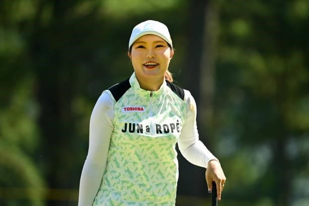 Sayaka Takahashi of Japan celebrates the birdie on the 12th green during the first round of the Ai Miyazato Suntory Ladies Open at Rokko Kokusai Golf...