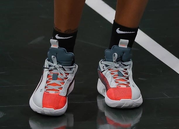 View of the shoes worn by Jordin Canada of the Seattle Storm in the second half against the Atlanta Dream at Gateway Center Arena on June 09, 2021 in...