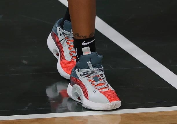 View of the shoes worn by Jordin Canada of the Seattle Storm in the second half against the Atlanta Dream at Gateway Center Arena on June 09, 2021 in...