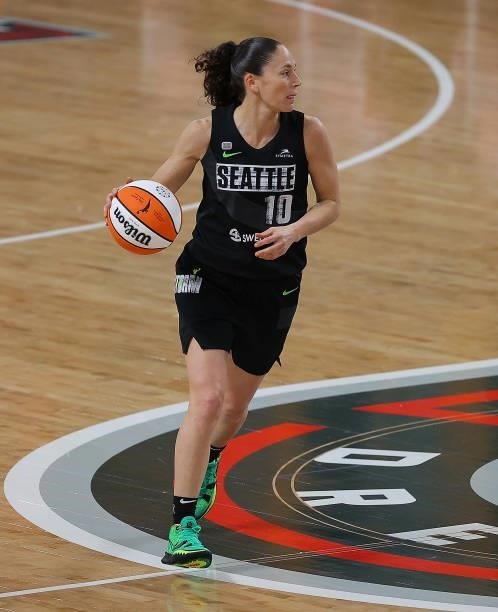 Sue Bird of the Seattle Storm drives the ball against the Atlanta Dream in the first half at Gateway Center Arena on June 09, 2021 in College Park,...