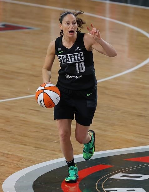 Sue Bird of the Seattle Storm drives the ball against the Atlanta Dream in the first half at Gateway Center Arena on June 09, 2021 in College Park,...