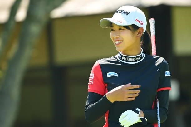 Kokone Yoshimoto of Japan smiles on the 10th tee during the first round of the Ai Miyazato Suntory Ladies Open at Rokko Kokusai Golf Club on June 10,...