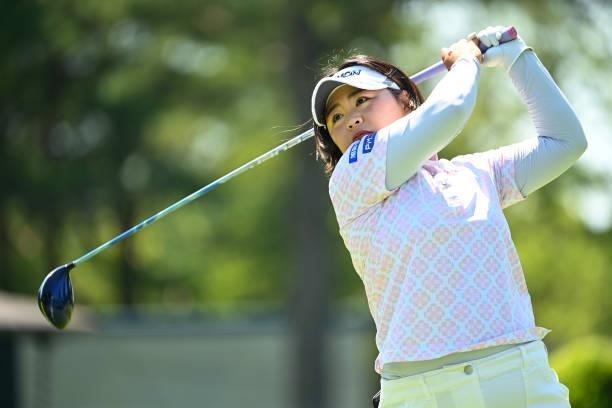 Hiroko Azuma of Japan hits her tee shot on the 10th hole during the first round of the Ai Miyazato Suntory Ladies Open at Rokko Kokusai Golf Club on...