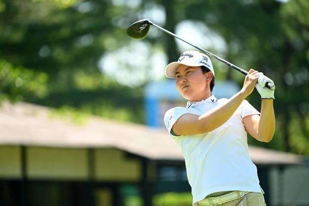 Seira Oki of Japan hits her tee shot on the 10th hole during the first round of the Ai Miyazato Suntory Ladies Open at Rokko Kokusai Golf Club on...