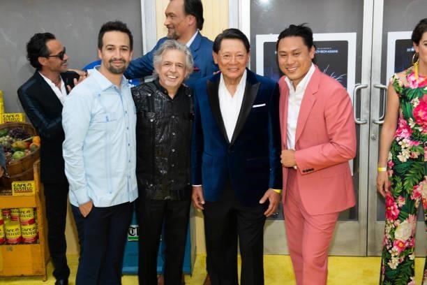 Lin-Manuel Miranda and his father, Luis A. Miranda, Jr., and director Jon M. Chu and his father, Lawrence Chu attend the opening night premiere of...
