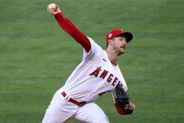 Griffin Canning of the Los Angeles Angels pitches during the first inning against the Kansas City Royals at Angel Stadium of Anaheim on June 09, 2021...