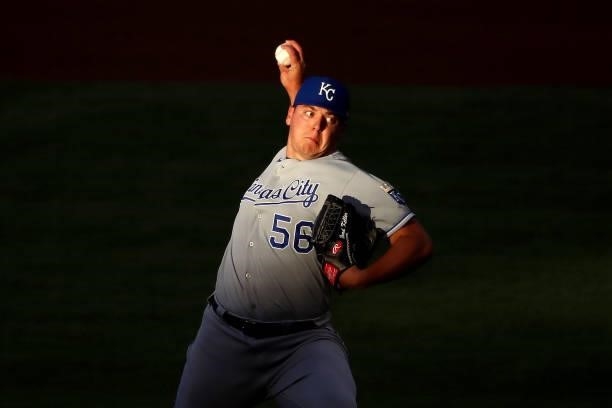 Brad Keller of the Kansas City Royals pitches during the second inning against the Los Angeles Angels at Angel Stadium of Anaheim on June 09, 2021 in...