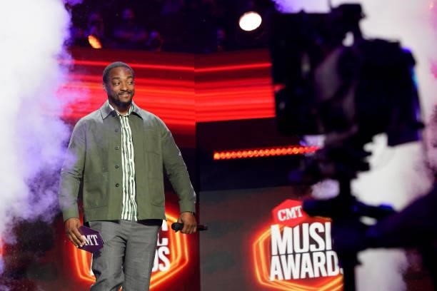 Anthony Mackie speaks onstage for the 2021 CMT Music Awards at Bridgestone Arena on June 09, 2021 in Nashville, Tennessee.