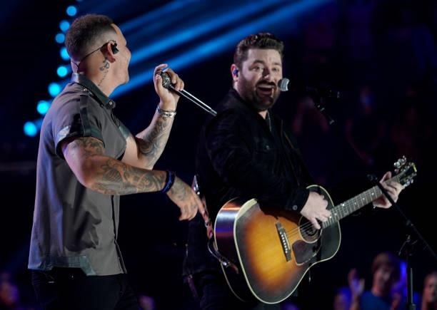 Kane Brown and Chris Young perform onstage for the 2021 CMT Music Awards at Bridgestone Arena on June 09, 2021 in Nashville, Tennessee.