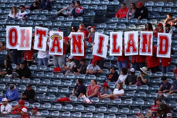 Fans hold up a sign spelling out "Ohtaniland