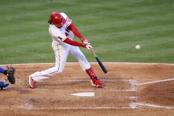 Anthony Rendon of the Los Angeles Angels hits a two RBI double during the third inning against the Kansas City Royals at Angel Stadium of Anaheim on...