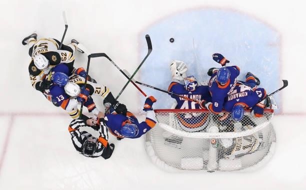 Semyon Varlamov and the New York Islanders defend the net against the Boston Bruins in Game Six of the Second Round of the 2021 NHL Stanley Cup...
