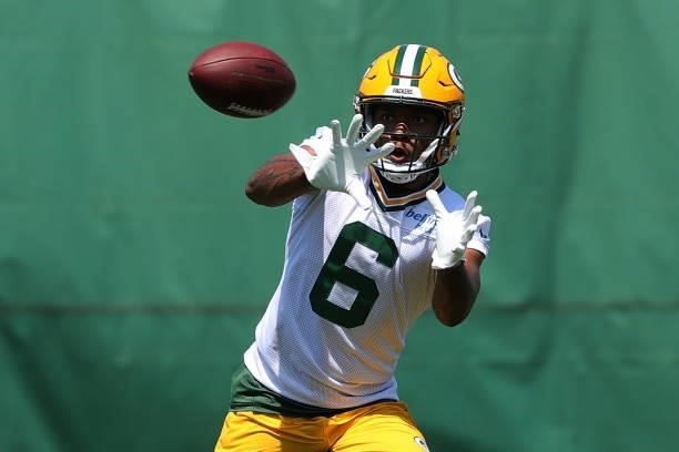 DeAndre Thompkins of the Green Bay Packers during training camp at Ray Nitschke Field on June 09, 2021 in Ashwaubenon, Wisconsin.