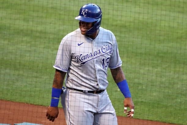 Salvador Perez of the Kansas City Royals reacts after scoring off an RBI single by Kelvin Gutierrez during the fourth inning against the Los Angeles...