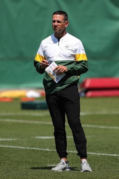 Head coach Matt LaFleur of the Green Bay Packers watches action during training camp at Ray Nitschke Field on June 09, 2021 in Ashwaubenon, Wisconsin.