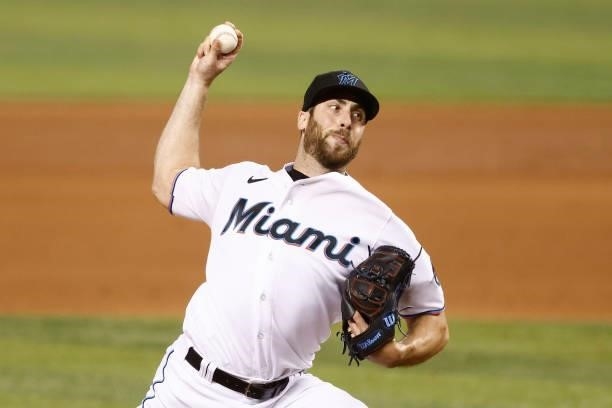 Anthony Bass of the Miami Marlins delivers a pitch during the eighth inning against the Colorado Rockies at loanDepot park on June 09, 2021 in Miami,...
