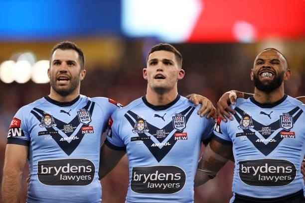 James Tedesco, Nathan Cleary and Josh Addo-Carr of the Blues sing the anthem during game one of the 2021 State of Origin series between the New South...