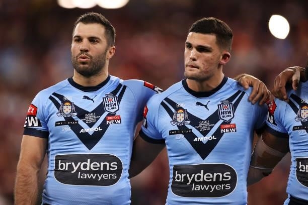 James Tedesco and Nathan Cleary of the Blues prepare for the anthem during game one of the 2021 State of Origin series between the New South Wales...