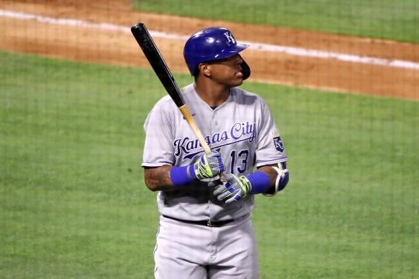 Salvador Perez of the Kansas City Royals looks on after striking out during the sixth inning against the Los Angeles Angels at Angel Stadium of...
