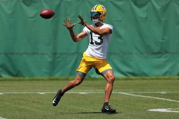 Allen Lazard of the Green Bay Packers works out during training camp at Ray Nitschke Field on June 09, 2021 in Ashwaubenon, Wisconsin.