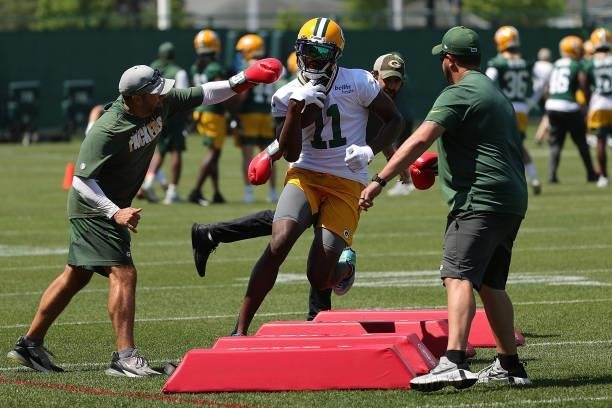 Devin Funchess of the Green Bay Packers works out during training camp at Ray Nitschke Field on June 09, 2021 in Ashwaubenon, Wisconsin.