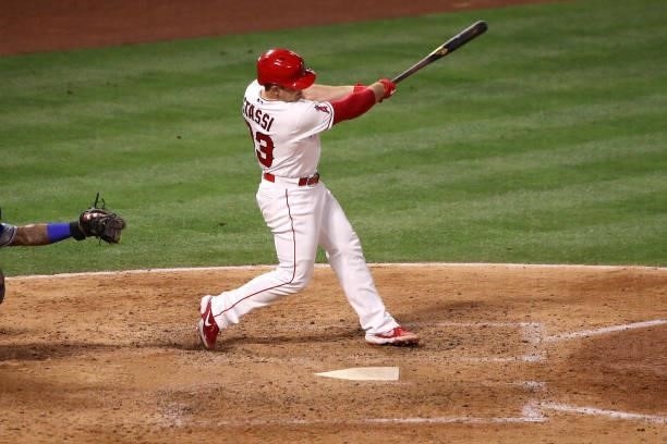 Max Stassi of the Los Angeles Angels hits a single during the sixth inning against the Kansas City Royals at Angel Stadium of Anaheim on June 09,...