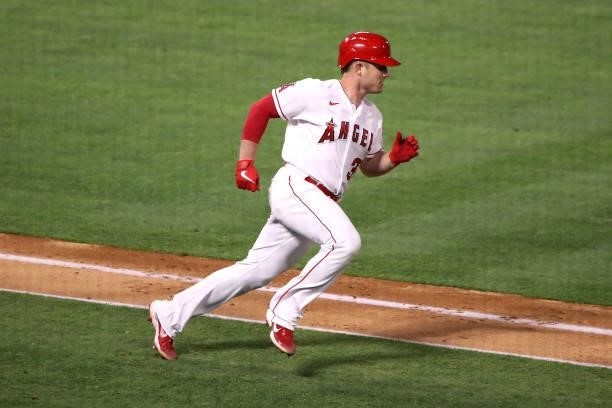 Max Stassi of the Los Angeles Angels runs to first base on a single during the sixth inning against the Kansas City Royals at Angel Stadium of...